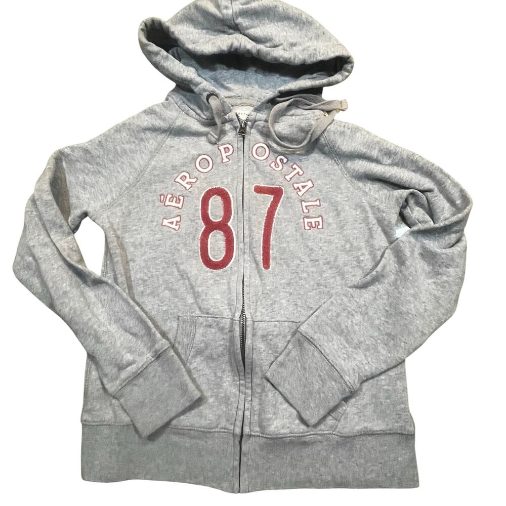 Aeropostale Women XS Gray Full Zip Hoodie Graphic Varsity Y2K Casual Sweatshirt